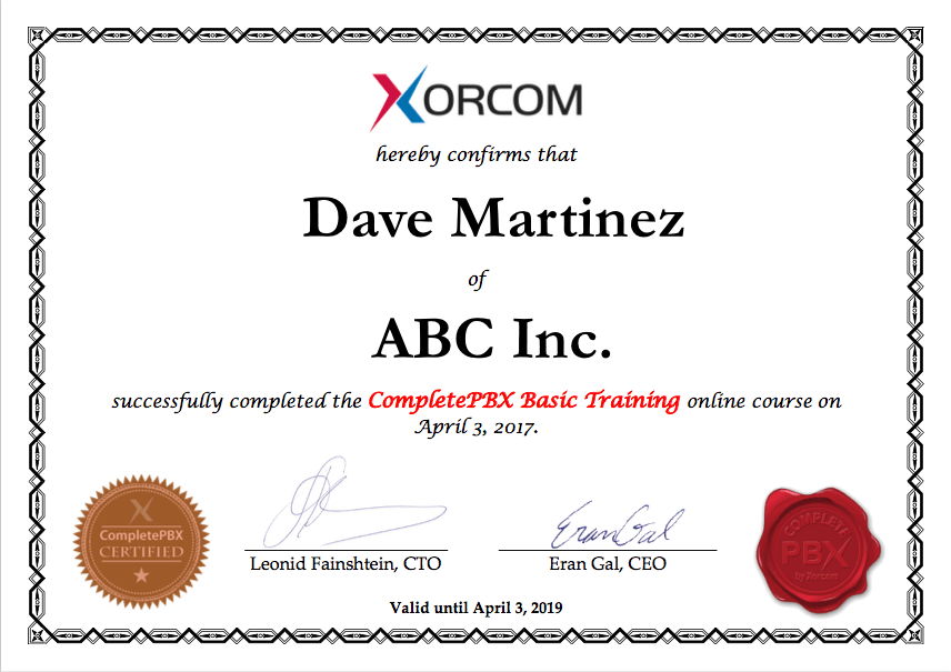 CompletePBX Basic Training Certificate
