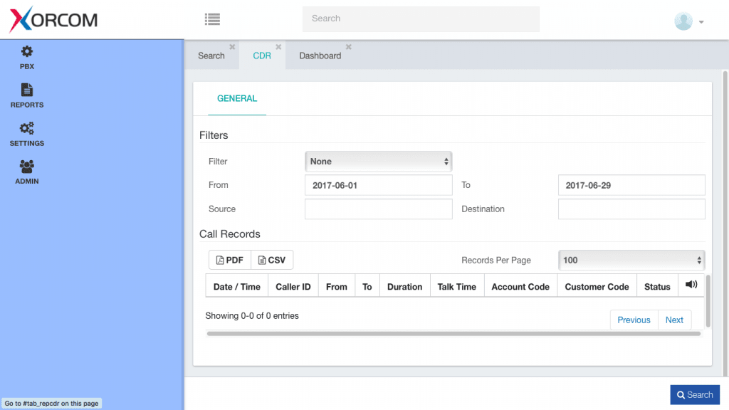 CompletePBX GUI CDR dialogue