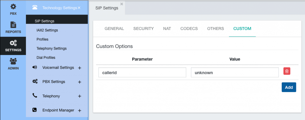 PBX unknown caller ID Settings in CompletePBX GUI