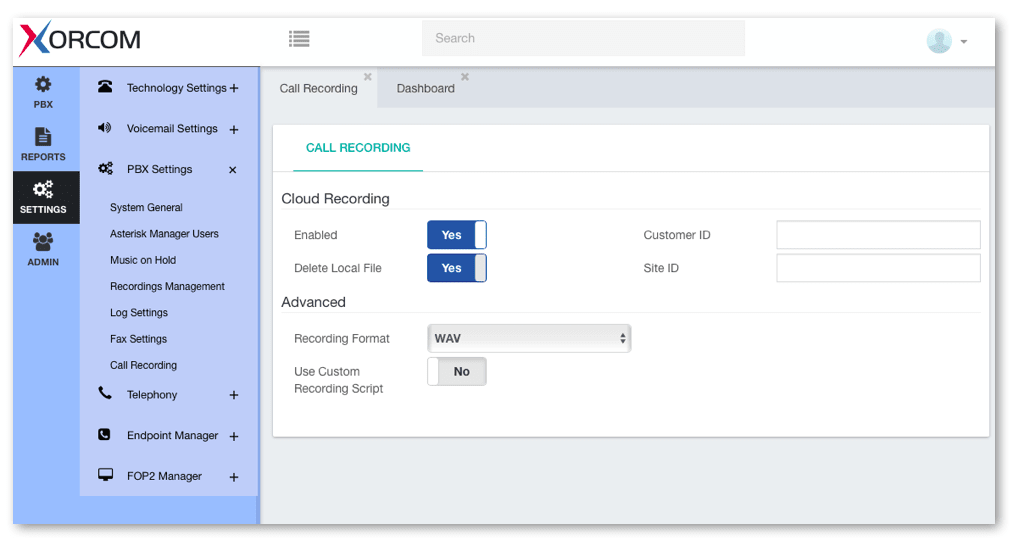 Call Recording Setting on CompletePBX - Screenshot