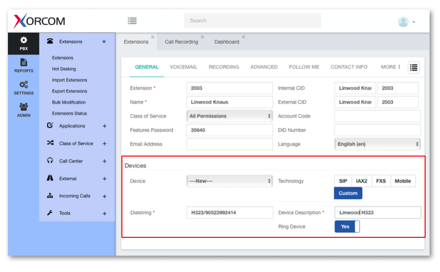 Custom H323 Device in CompletePBX