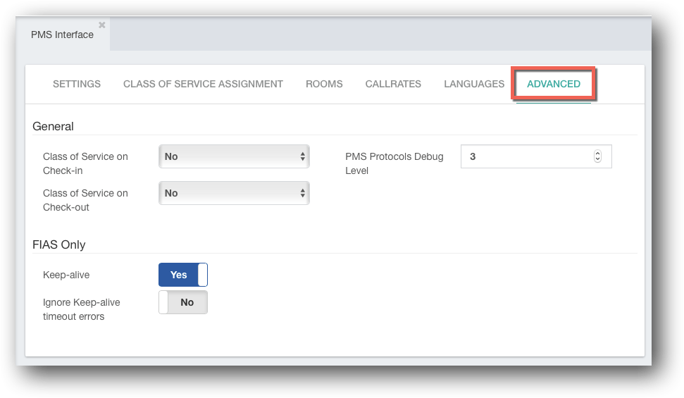 Complete PBX Hotel Phone System Advanced Settings Dialogue in GUI