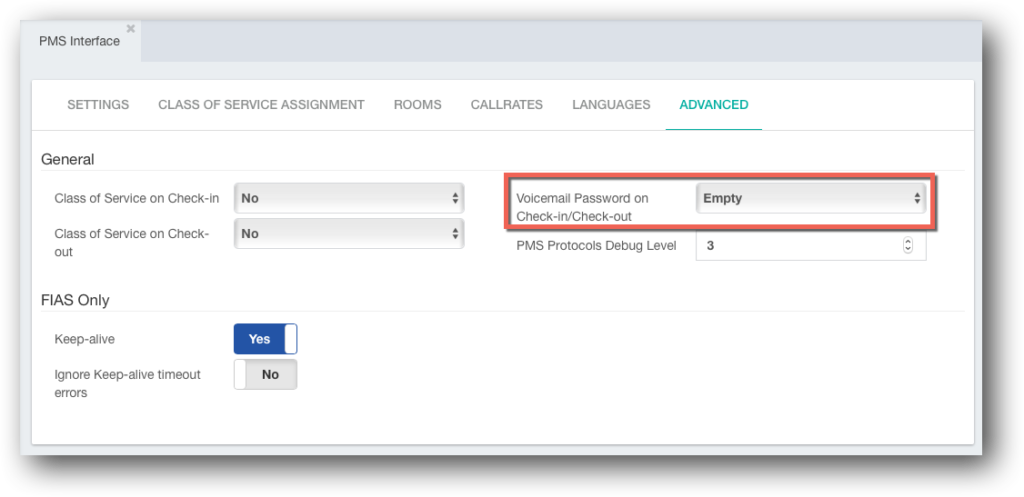 Hotel Room Voicemail Setup in PMS Interface GUI