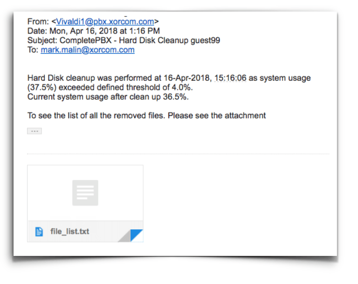 PBX Cleaup Notification Email