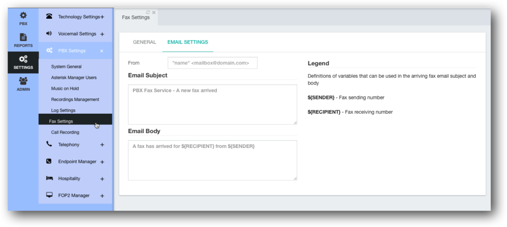 PBX Fax Email Settings