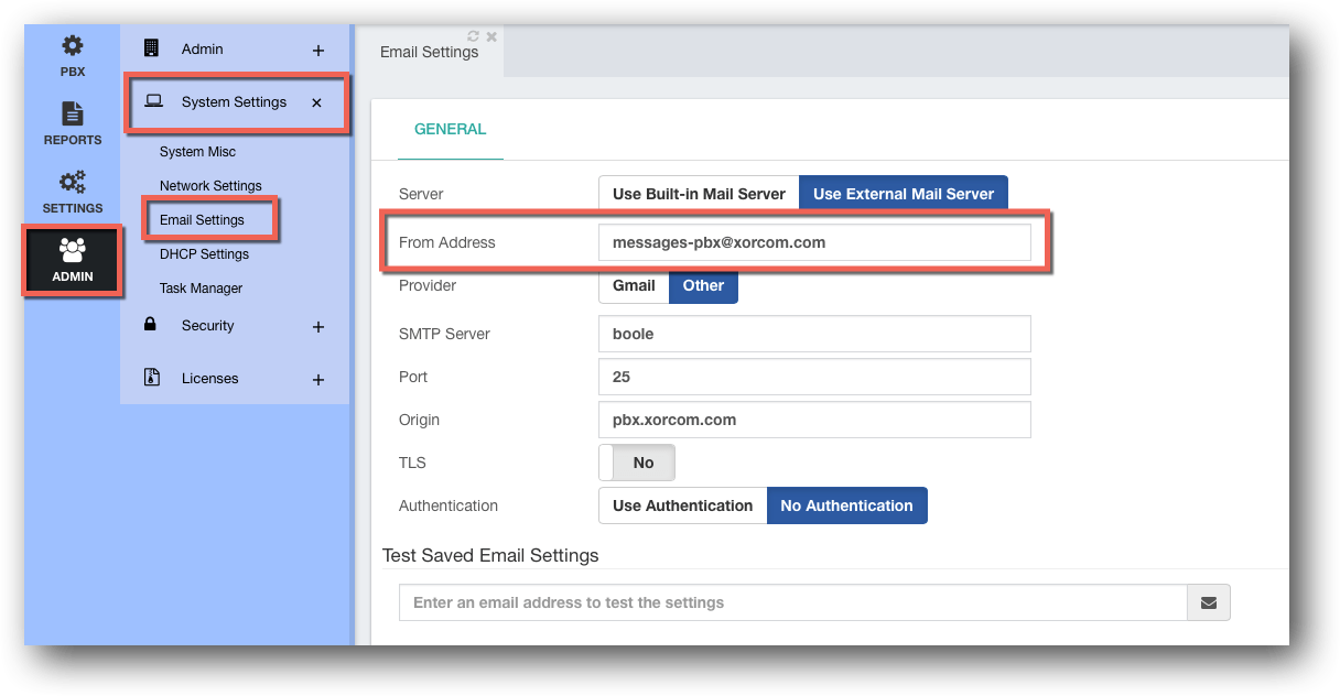 pbx-change email server settings