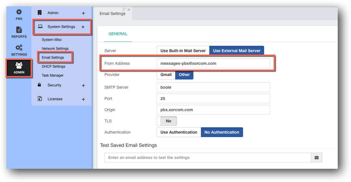 PBX Email From Address in PBX GUI