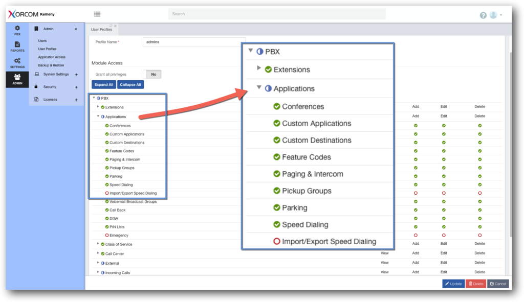 PBX Profiles - Partial Permissions Icon