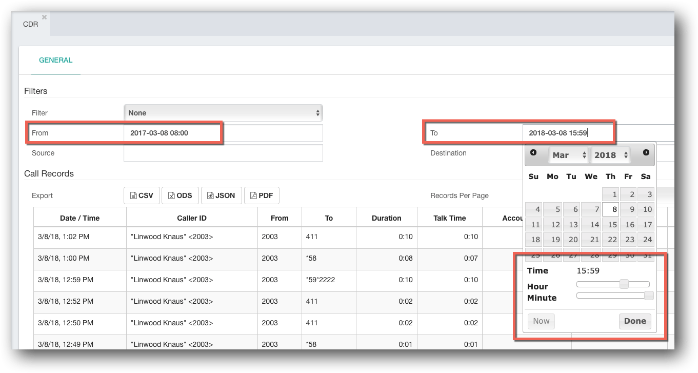 PBX CDR Filtering by Time in GUI