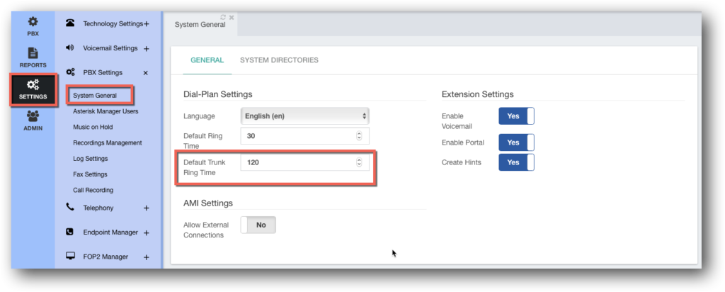 Trunk Ring Time Settings Dialogue