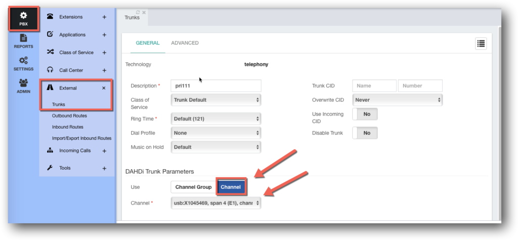 Trunks Dialogue in PBX GUI