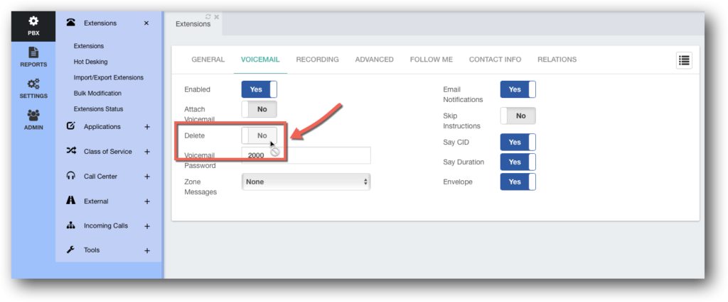 Voicemail to email settings in PBX GUI