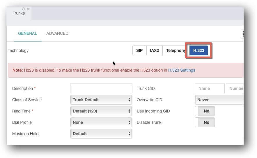 H323 Trunk Settings in Complete PBX GUI