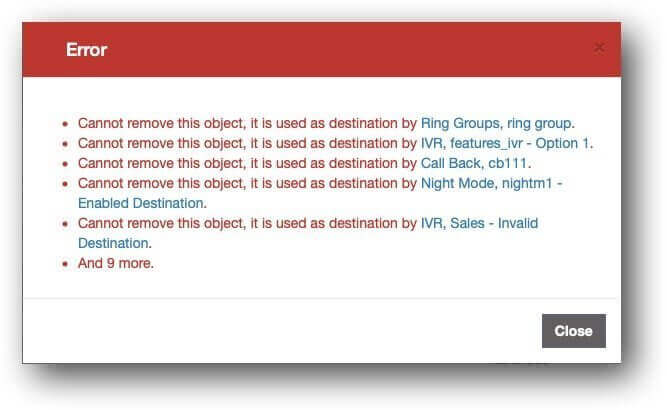 Error Mesage when Deleting PBX Object Which is a Destination