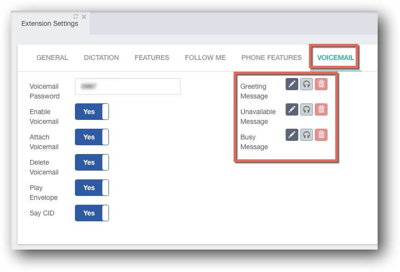 Voicemail settings in PBX GUI