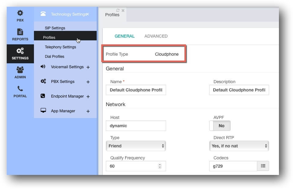 CloudPhone Softphone Default Profile Settings