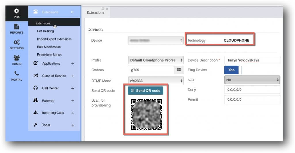 CloudPhone Softphone Device Setup in PBX GUI