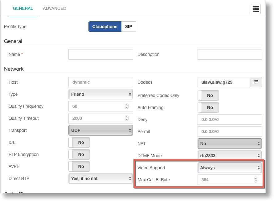 Video Call Settings in SIP Profiles GUI