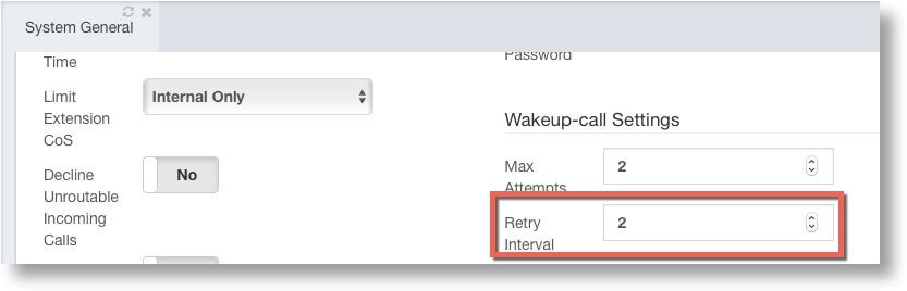 PBX Wakeup Call Retry Interval Settings