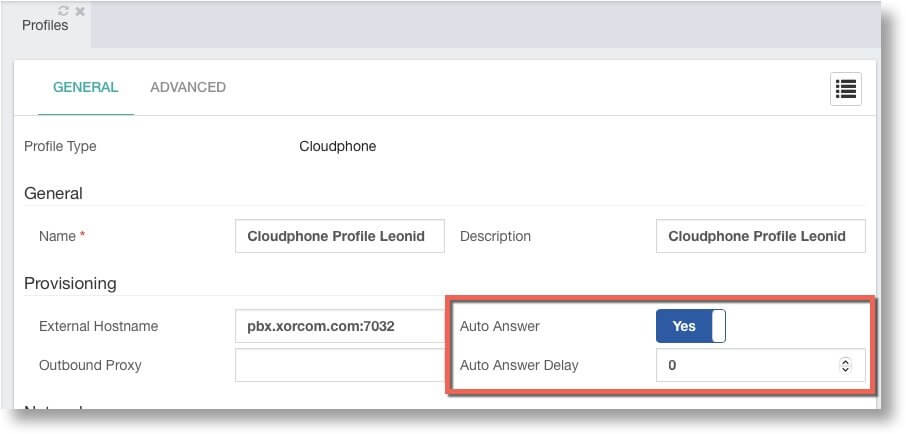 Auto-answer softphone provisioning in PBX GUI