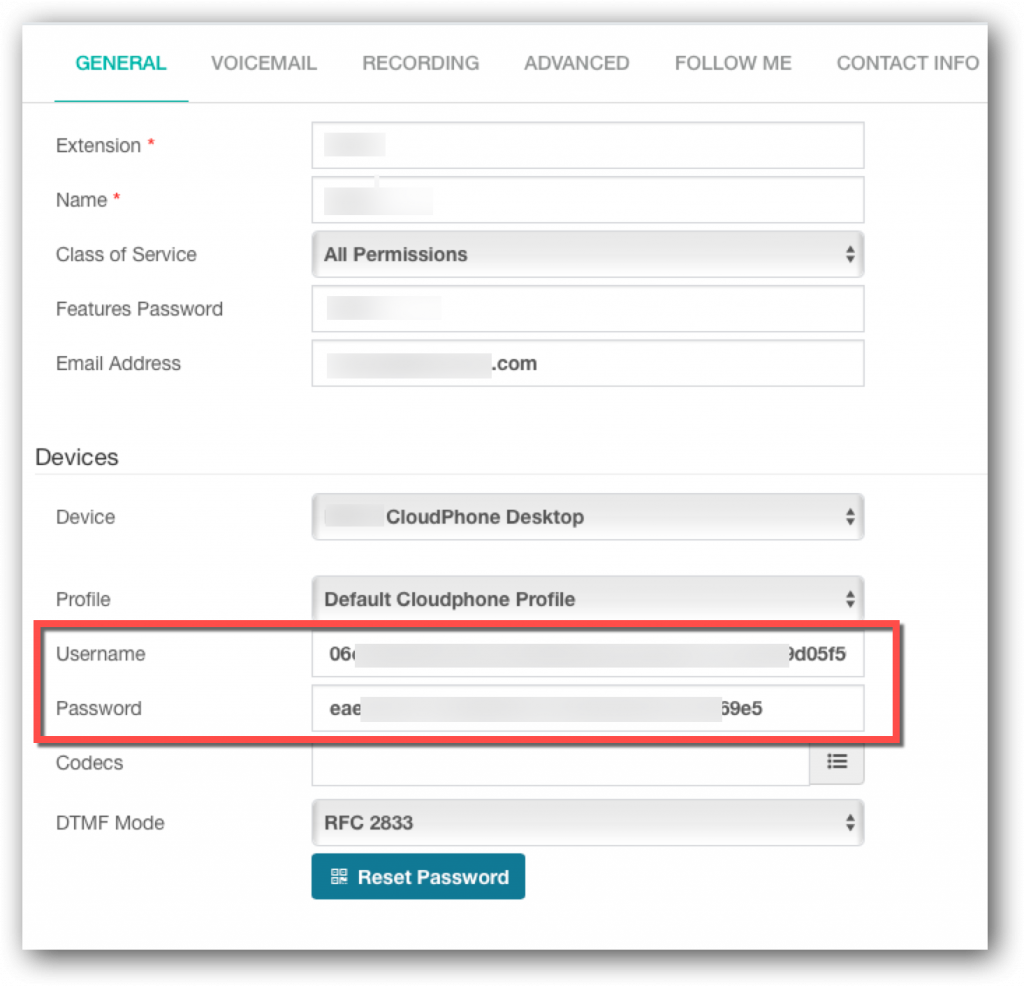 CloudPhone Desktop Credentials in PBX GUI