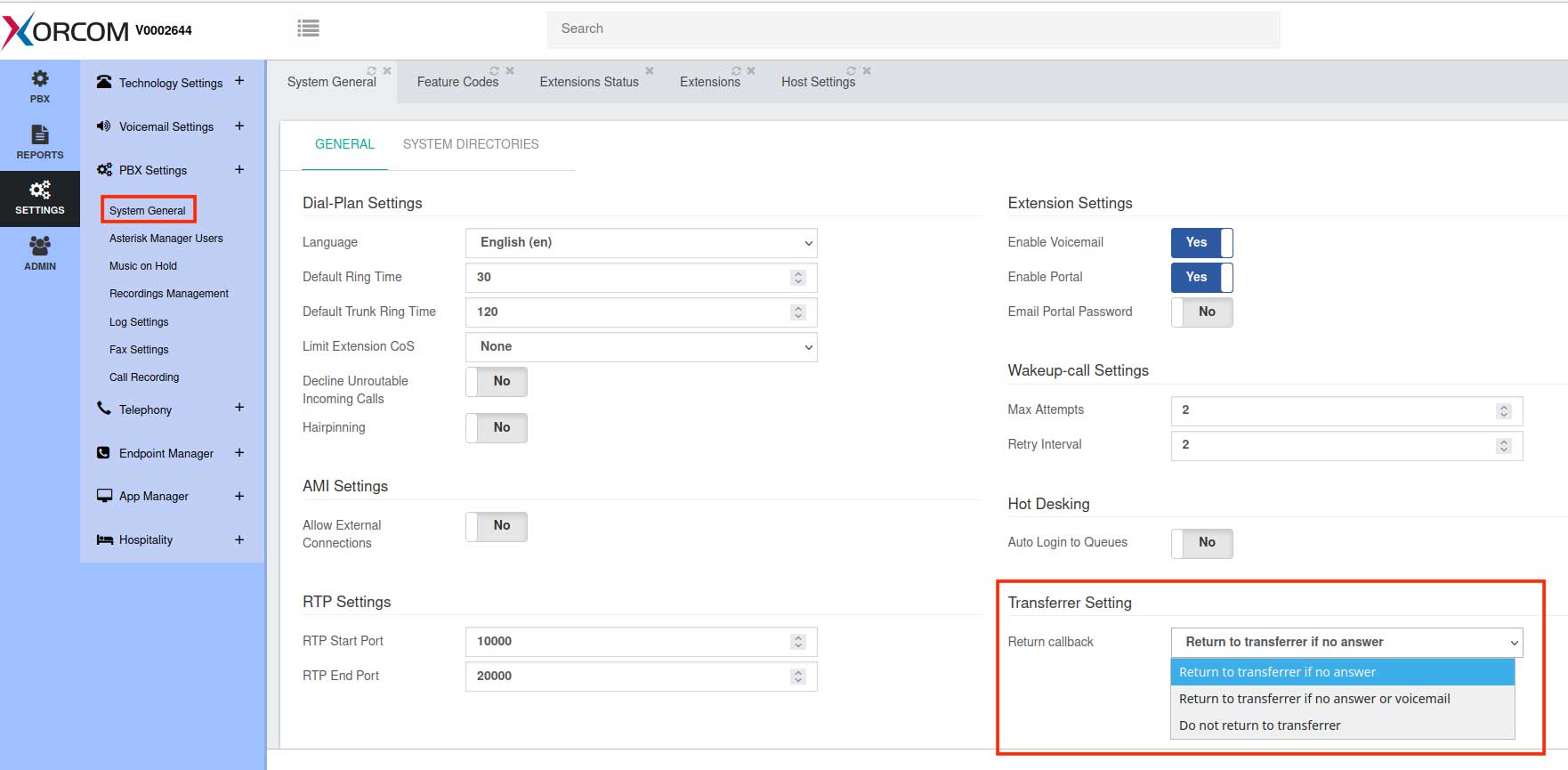 Return unanswered transferred calls settings PBX