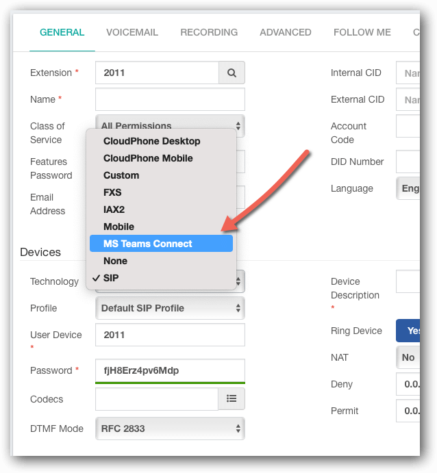 Teams Connector Device in PBX Extension GUI