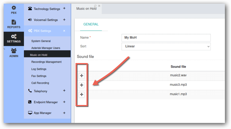 Reordering Music on Hold Files on PBX GUI