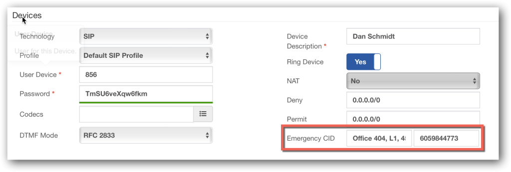 Emergency Caller ID per Extension in PBX GUI
