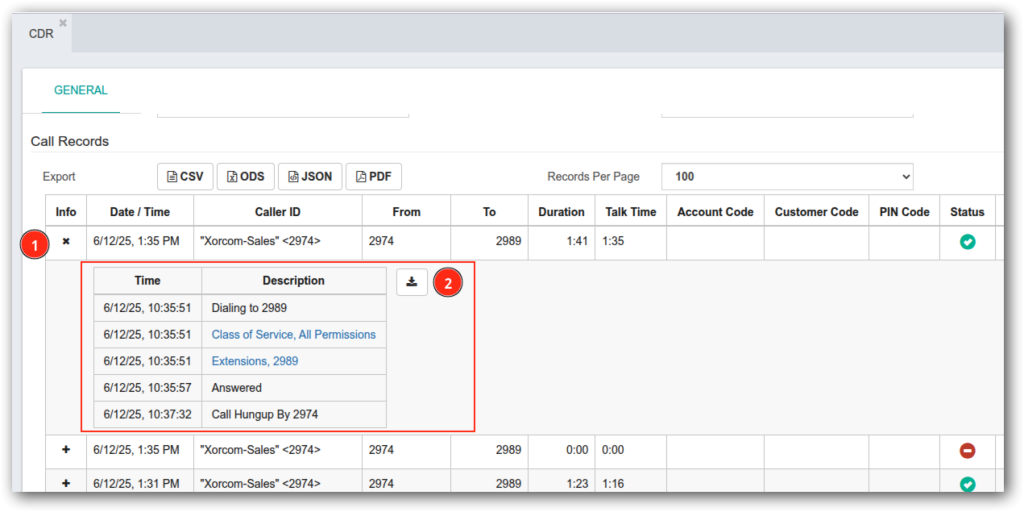 Detailed CDR in CompletePBX GUI 1